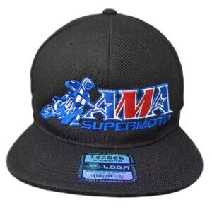 LOGA Snapback Hat Black Blue AMA Supermoto Embroidered OS Adjustable Flat Brim